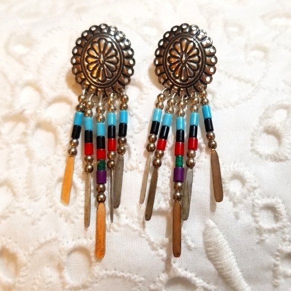 Vintage Jewelry - VINTAGE Native American long Concho Dangle Earrings